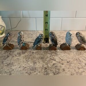 Owls Set Of 6 Vintage Hand Painted Wood Owl Bird Figures Mounted on Wood Base,